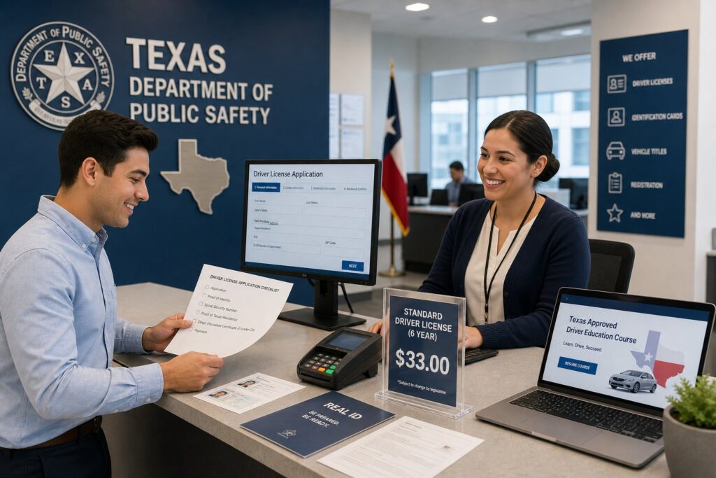 Blog Articles 4 Applicant at Texas licensing office reviewing the standard $33 driverโs license fee.