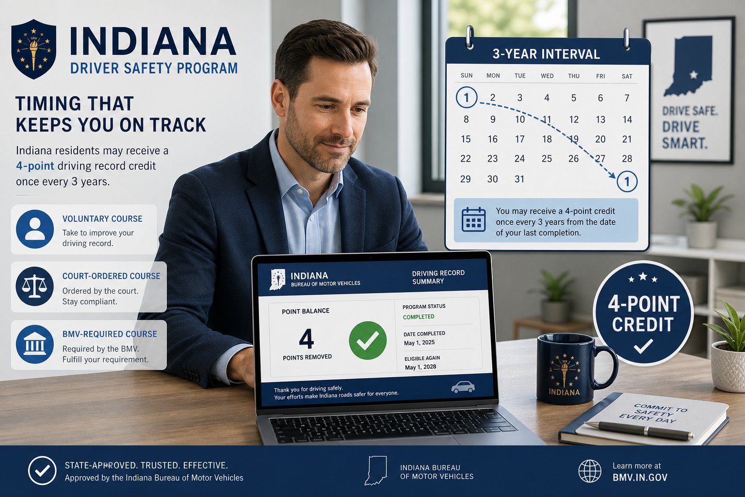 Indiana driver safety program timeline with 3-year point credit reminder.