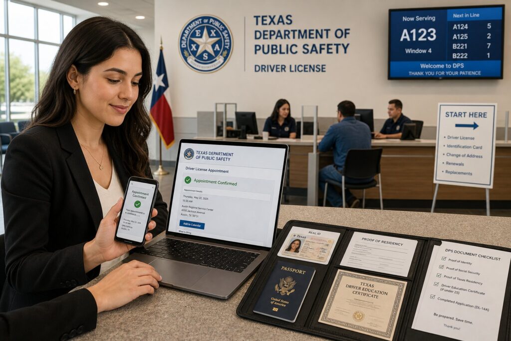 Blog Articles 3 Person booking a Texas driverโs license appointment online on a laptop.