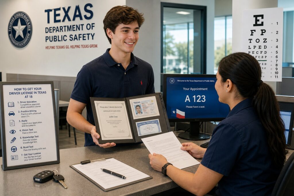 Blog Articles 1 Young adult checking Texas driverโs license eligibility on a laptop.