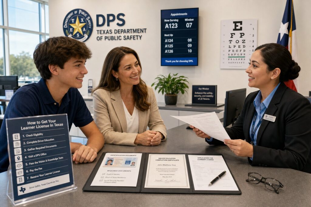 Blog Articles 3 Teen with parent applying for a Texas learnerโs permit at DPS.