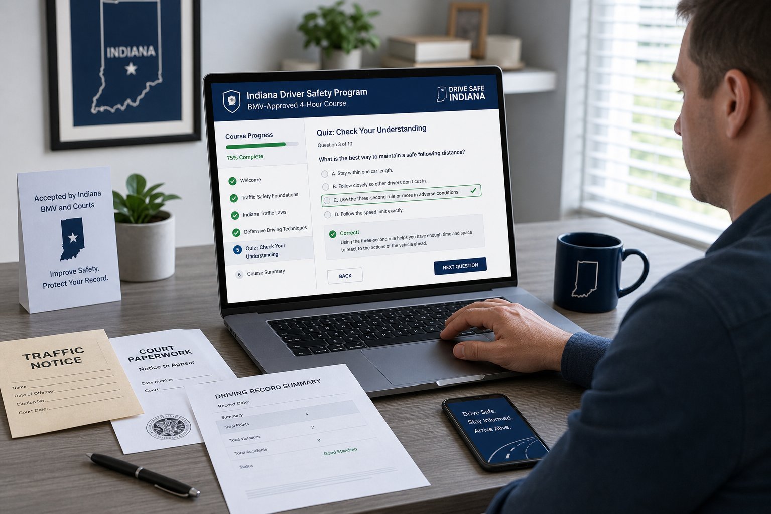 Driver completing an online Indiana driver safety course quiz at a desk.