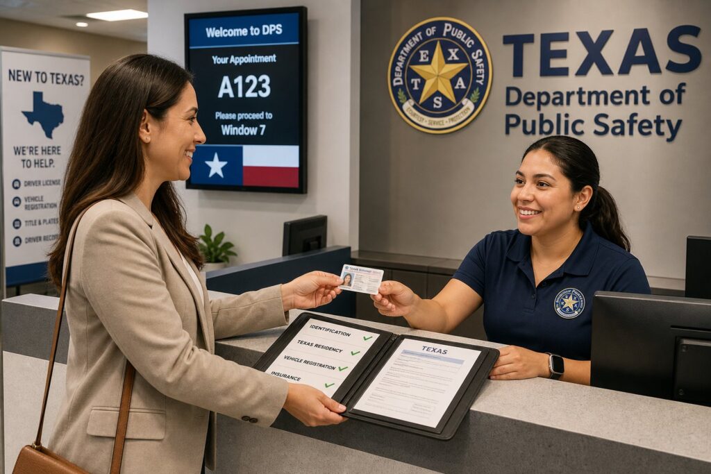 Blog Articles 6 New Texas resident transferring an out-of-state driverโs license at a DPS office.