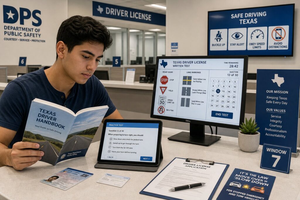 Blog Articles 10 Applicants reviewing Texas driverโs license test requirements in a modern licensing office.
