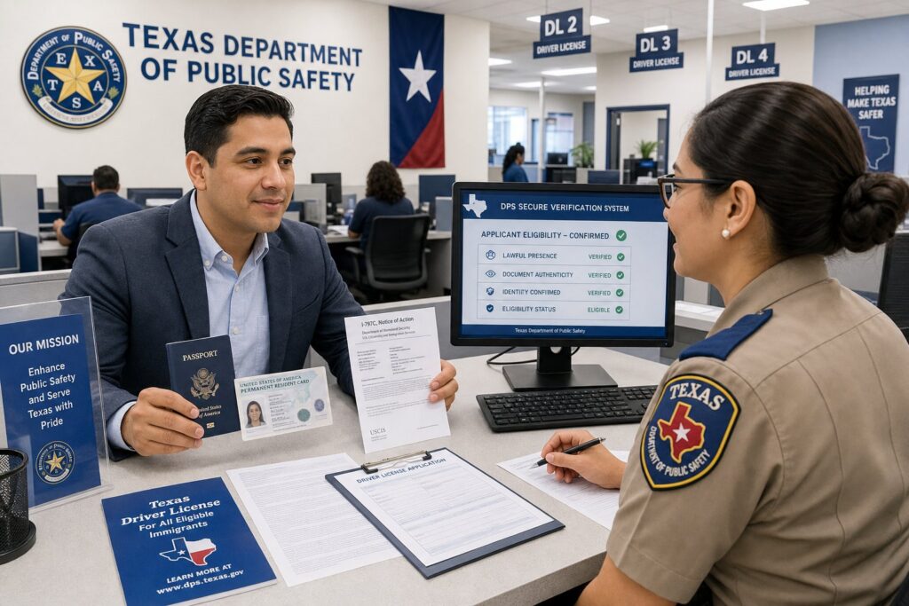 Blog Articles 8 Immigrants applying for a Texas driverโs license at a DPS office.