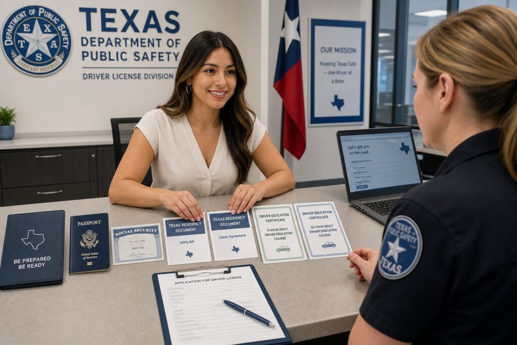 Blog Articles 3 Adult applicant reviewing Texas driverโs license documents at a modern DPS office.