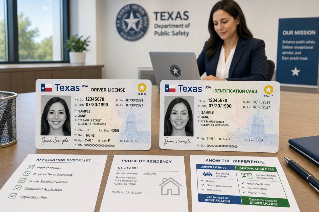 Blog Articles 2 Texas ID card and driverโs license shown side by side.