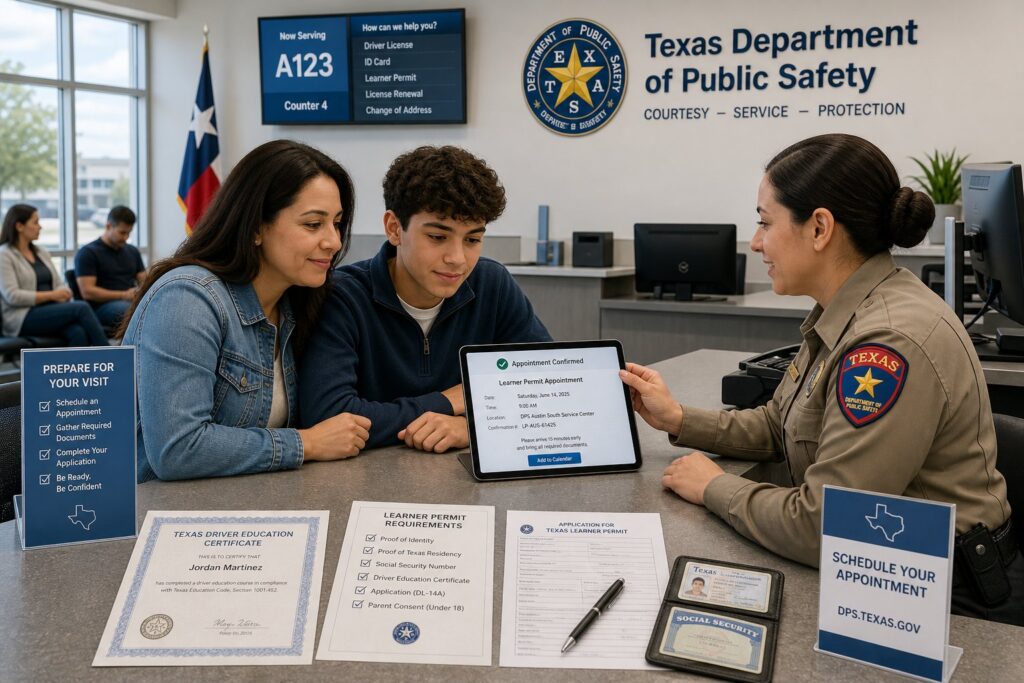 Blog Articles 8 Teen and parent planning a Texas learnerโs permit appointment online.